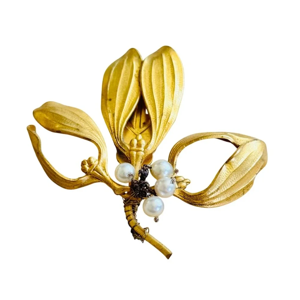 Floral Art Nouveau Mistletoe Pin Fur Dress Clip VTG Antique France Signed Motif